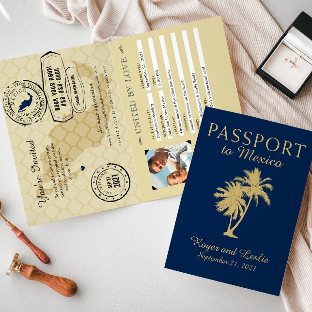 Blue Gold Cabo San Lucas Mexico Wedding Passport Invitation (Creator Uploaded)