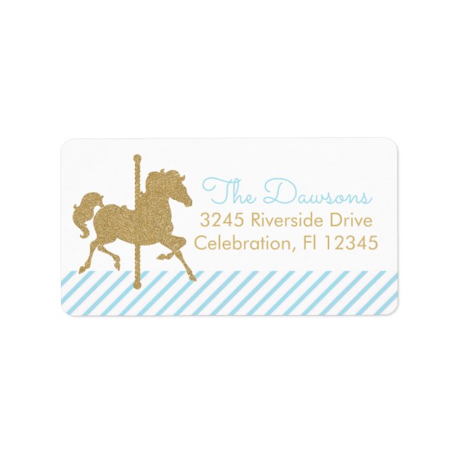 Blue Gold Carousel Merry Go Round Return Address Label (Front)