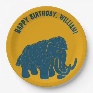 Blue & Gold Cartoon Woolly Mammoth Personalized Paper Plate