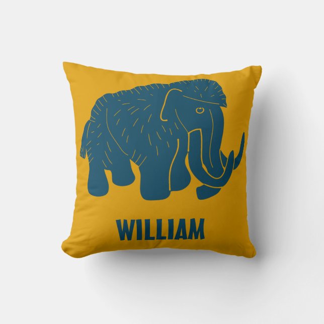 Blue & Gold Cartoon Woolly Mammoth Personalized Throw Pillow (Front)