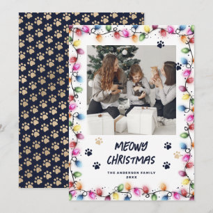 Blue Gold Cat Paws Colourful Photo Meowy Holiday Card