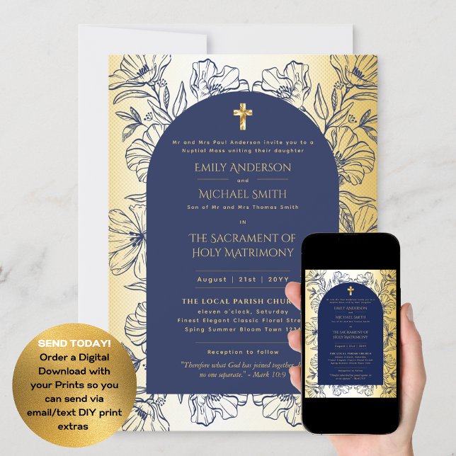 Blue Gold  Catholic Nuptial Mass Wedding Invitation (Creator Uploaded)