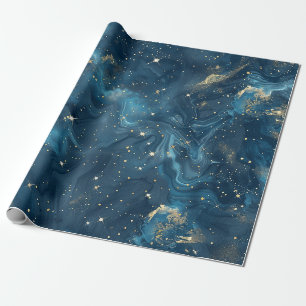 Blue Gold Celestial Galaxy Nebula Stars Wrapping Paper