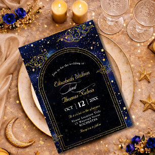 Blue gold celestial stars astronomy wedding invitation