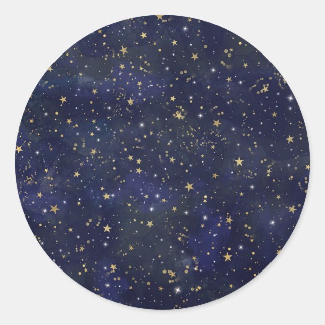 Blue & Gold Celestial Stars Whimsical Watercolor Classic Round Sticker (Front)