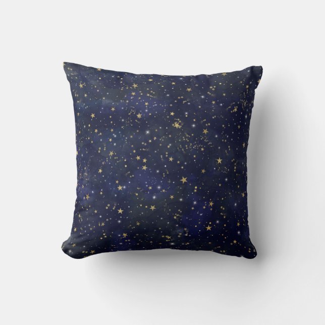 Blue & Gold Celestial Stars Whimsical Watercolor Throw Pillow (Front)
