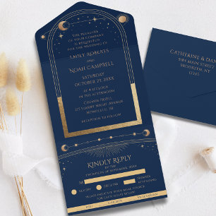 Blue Gold Celestial Sun Moon Stars Wedding RSVP All In One Invitation