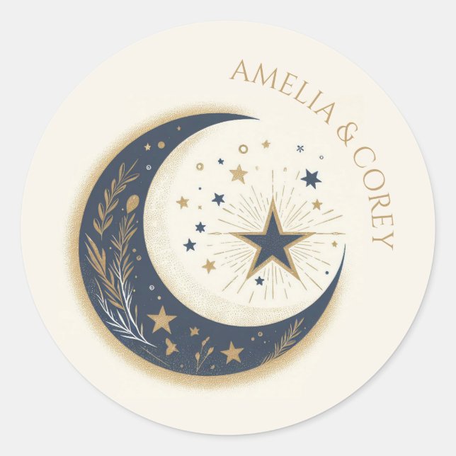 Blue & Gold Celestial Wedding Invitation Classic Round Sticker (Front)