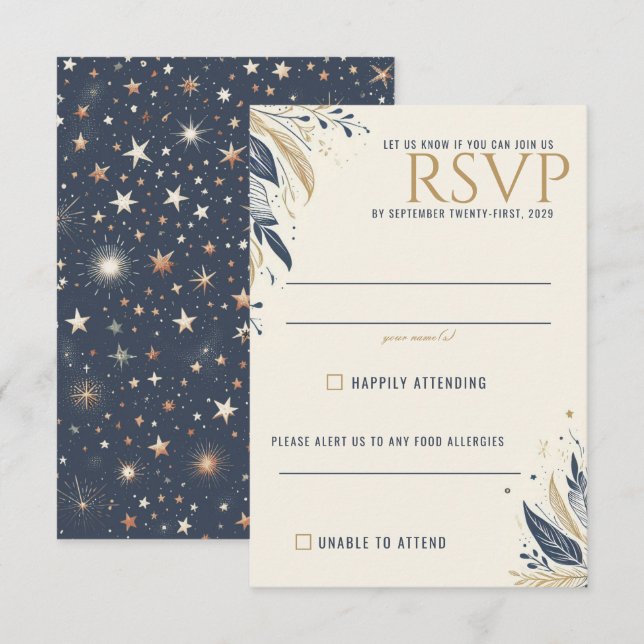 Blue & Gold Celestial Wedding RSVP Card (Front/Back)