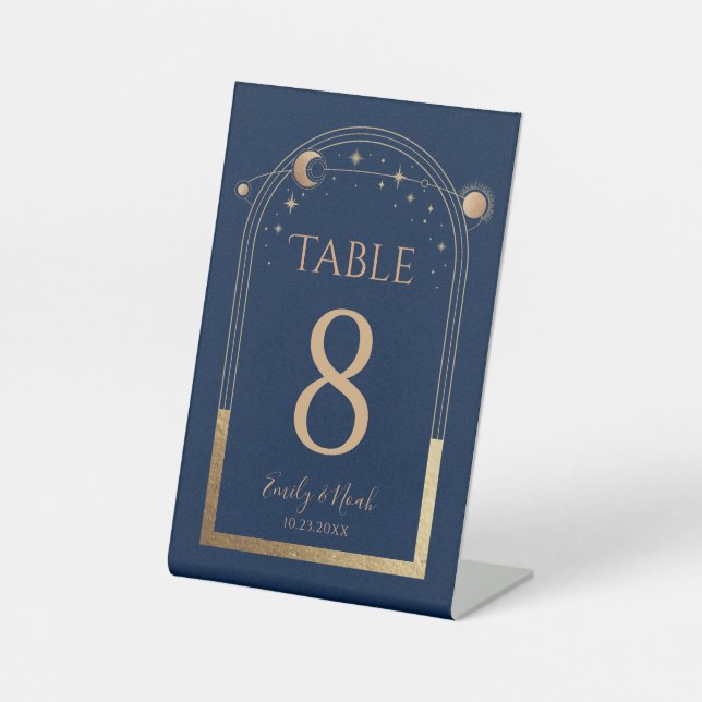 Blue Gold Celestial Wedding Table Number Pedestal Sign (Front)