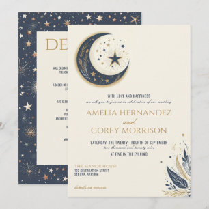 Blue & Gold Celestial with Details Wedding Invitation