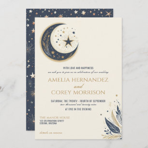 Blue & Gold Celestial with QR Code Wedding Invitation