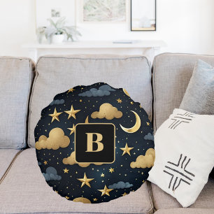 Blue gold celestrial pattern moon stars monogram round pillow