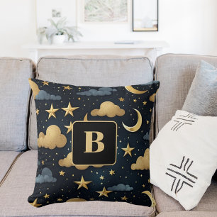 Blue gold celestrial pattern moon stars monogram throw pillow
