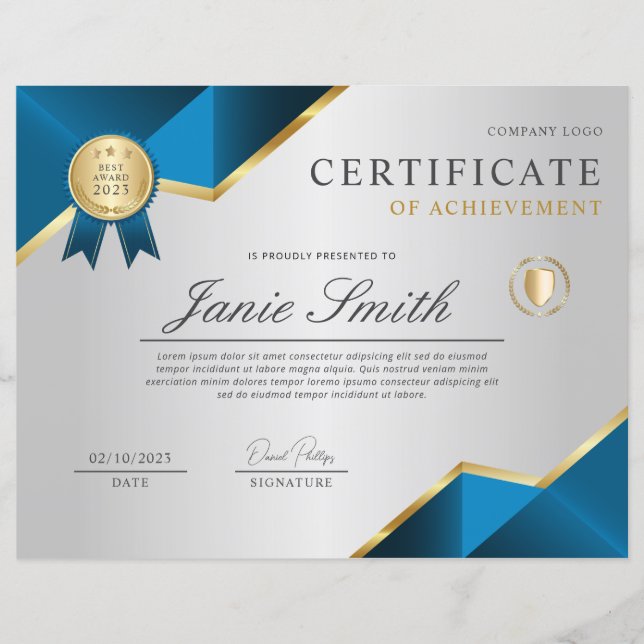 Blue Gold Certificate Of Achievement Award (Front)