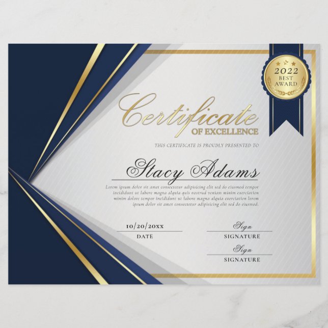 Blue & Gold Certificate of Excellence Award (Front)