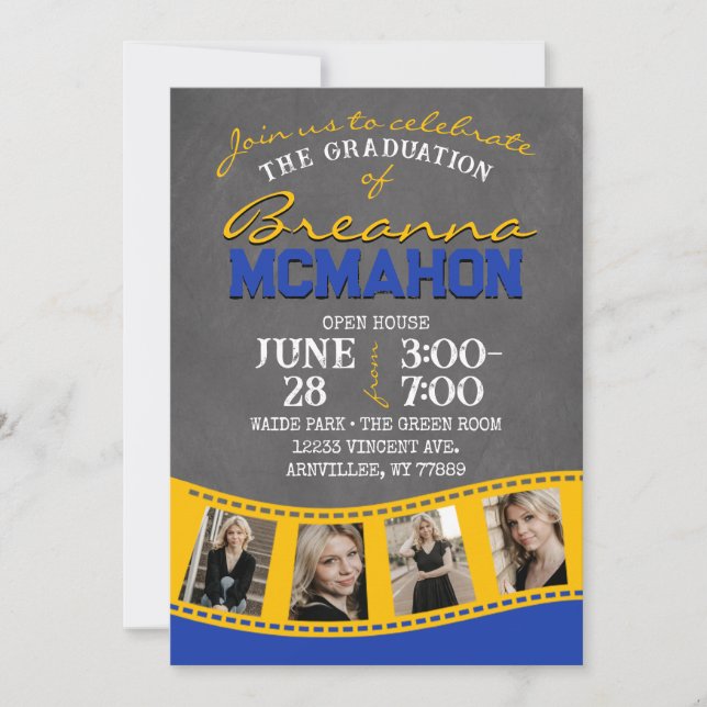 Blue & Gold Chalkboard Filmstrip Graduation Invitation (Front)