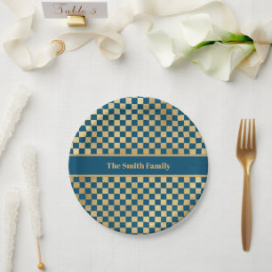 Blue Gold Checkered Paper Plate