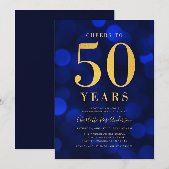 Blue Gold Cheers to 50 Years Birthday Party Invitation (Front/Back)