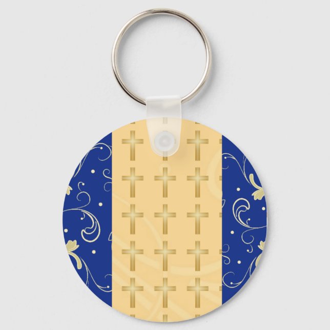 Blue, Gold, Christian Cross, Damask Favour Keychai Keychain (Front)