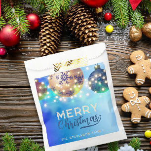 Blue Gold Christmas Baubles String Lights Holiday Favour Bag