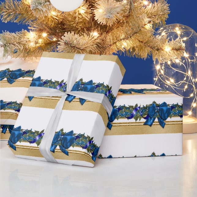 Blue gold christmas garland blue bow party wrapping paper (Holidays)