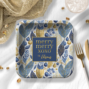 Blue Gold Christmas Merry Pattern#21 ID1009 Paper Plate