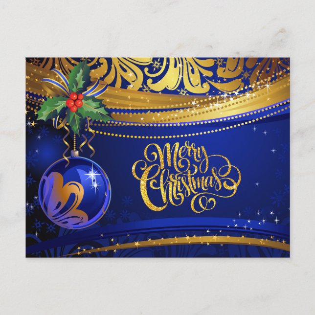 Blue Gold Christmas ornament Christmas Holly Holiday Postcard (Front)