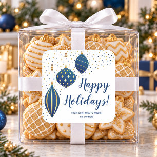 Blue Gold Christmas Ornaments and Dots Holiday Square Sticker