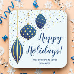 Blue Gold Christmas Ornaments and Dots Holiday Square Sticker<br><div class="desc">Holiday stickers you can use for anything in 2 sizes! Elegant blue and gold holiday Christmas ornaments and dots on pale blue background with your details in chic lettering. All text, fonts, font colours and background colour can be modified, click PERSONALIZE button, then Customize further link. MATCHING invitations and more...</div>