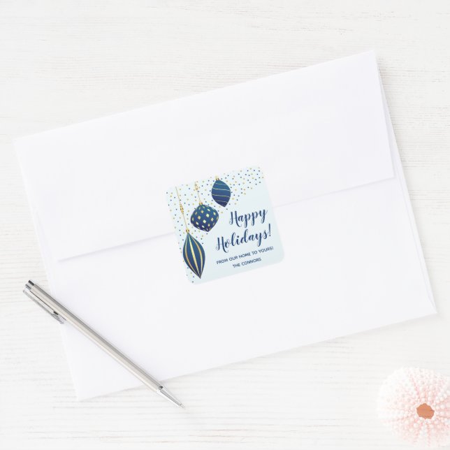 Blue Gold Christmas Ornaments Dots Holiday SMALL Square Sticker (Envelope)