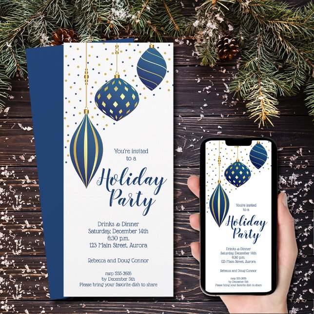 Blue Gold Christmas Ornaments Holiday Invitation (Blue and gold Christmas tree ornaments holiday party invitations)