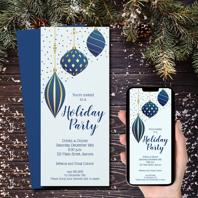 Blue Gold Christmas Ornaments Holiday Invitation (Blue and gold Christmas tree ornaments holiday party invitations)