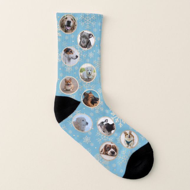 Blue Gold Christmas Snowflake Pattern Pet Photo Socks (Left Inside)