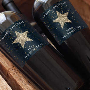 Blue & Gold    Christmas Star  Wine Label