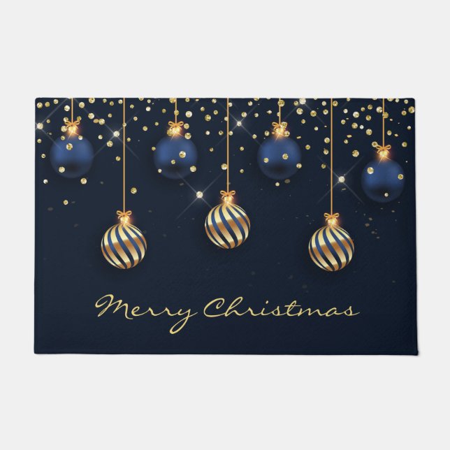 Blue gold Christmas tree balls DIY greeting Doormat (Front)