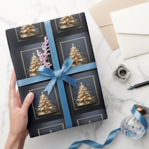 Blue gold christmas tree seamless pattern xmas wrapping paper