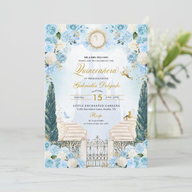 Blue & Gold Cinderella Princess Fairy Quinceanera Invitation (Standing Front)