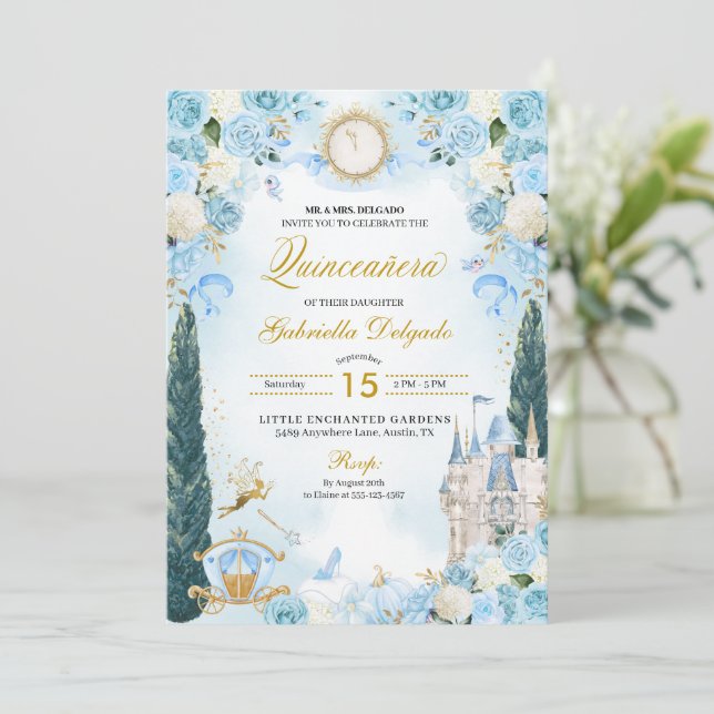 Blue & Gold Cinderella Princess Fairy Quinceanera Invitation (Standing Front)