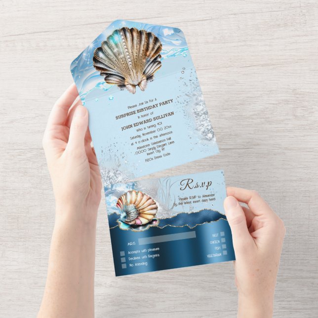 Blue gold clam shell ocean waves glitter glam all in one invitation (Tearaway)