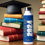 Blue Gold Class of 2024 Personalized Graduation Water Bottle<br><div class="desc">This classic blue custom senior graduate water bottle features bold gold and white typography reading class of 2024 in varsity letters for a high school or college graduation party keepsake gift. Customize with your name in elegant cursive cript underneath for a great commemorative favour.</div>