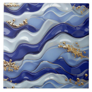 Blue Gold Coastal Beach Nautical Waves Tile