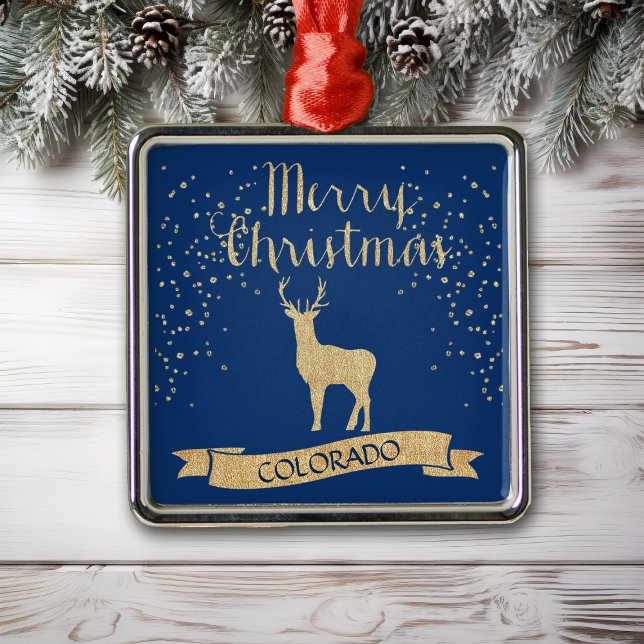 Blue Gold Colorado Deer Faux Glitter Metal Ornament (Creator Uploaded)