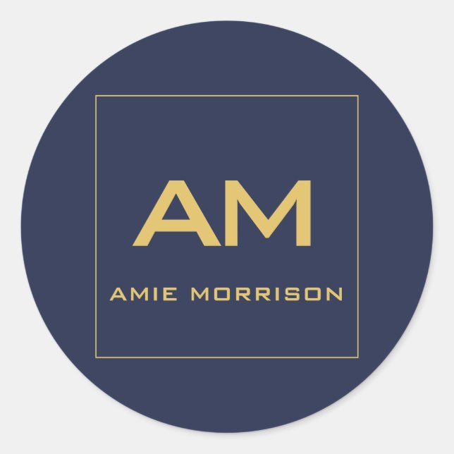 Blue Gold Colours Monogram Initial Letters Name Classic Round Sticker (Front)