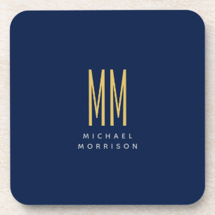 Blue Gold Colours Monogram Initial Letters Name Coaster