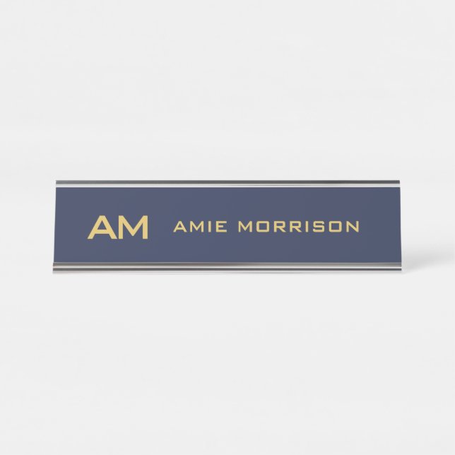Blue Gold Colours Monogram Initial Letters Name Desk Name Plate (Front)