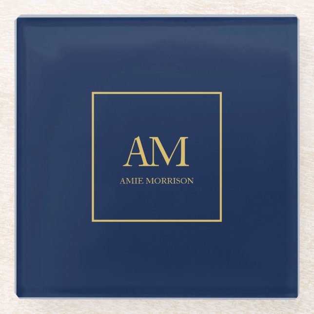 Blue Gold Colours Monogram Initial Letters Name Glass Coaster (Front)