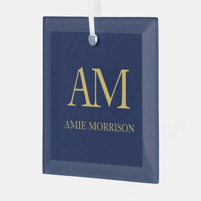 Blue Gold Colours Monogram Initial Letters Name Glass Ornament (Front Left)