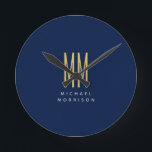 Blue Gold Colours Monogram Initial Letters Name Round Clock<br><div class="desc">Represent yourself with this modern, elegant design. This template can be customized to meet all professional occupations.</div>