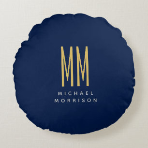 Blue Gold Colours Monogram Initial Letters Name Round Pillow